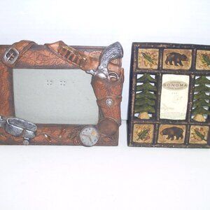 2 Rustic Picture Frames Western Cowboy Pistol Bear Trees Leaves